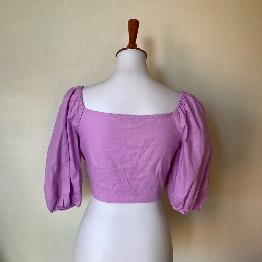 Express X Rocky Barnes Purple Tie Front Puff Sleeve Crop Top in
size XS - Picture 3 of 4